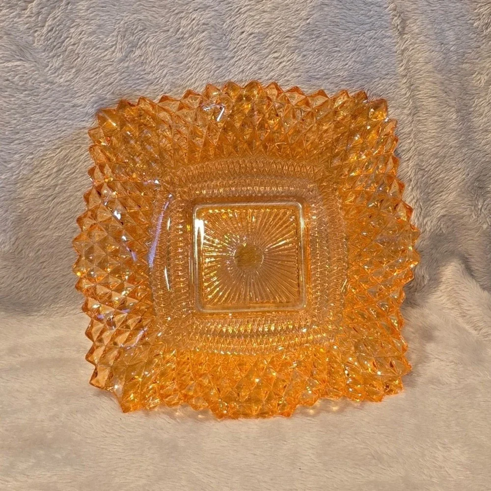 Vintage Indiana Marigold Carnival‎ Glass Square Bowl Diamond Point Sawtooth Edge